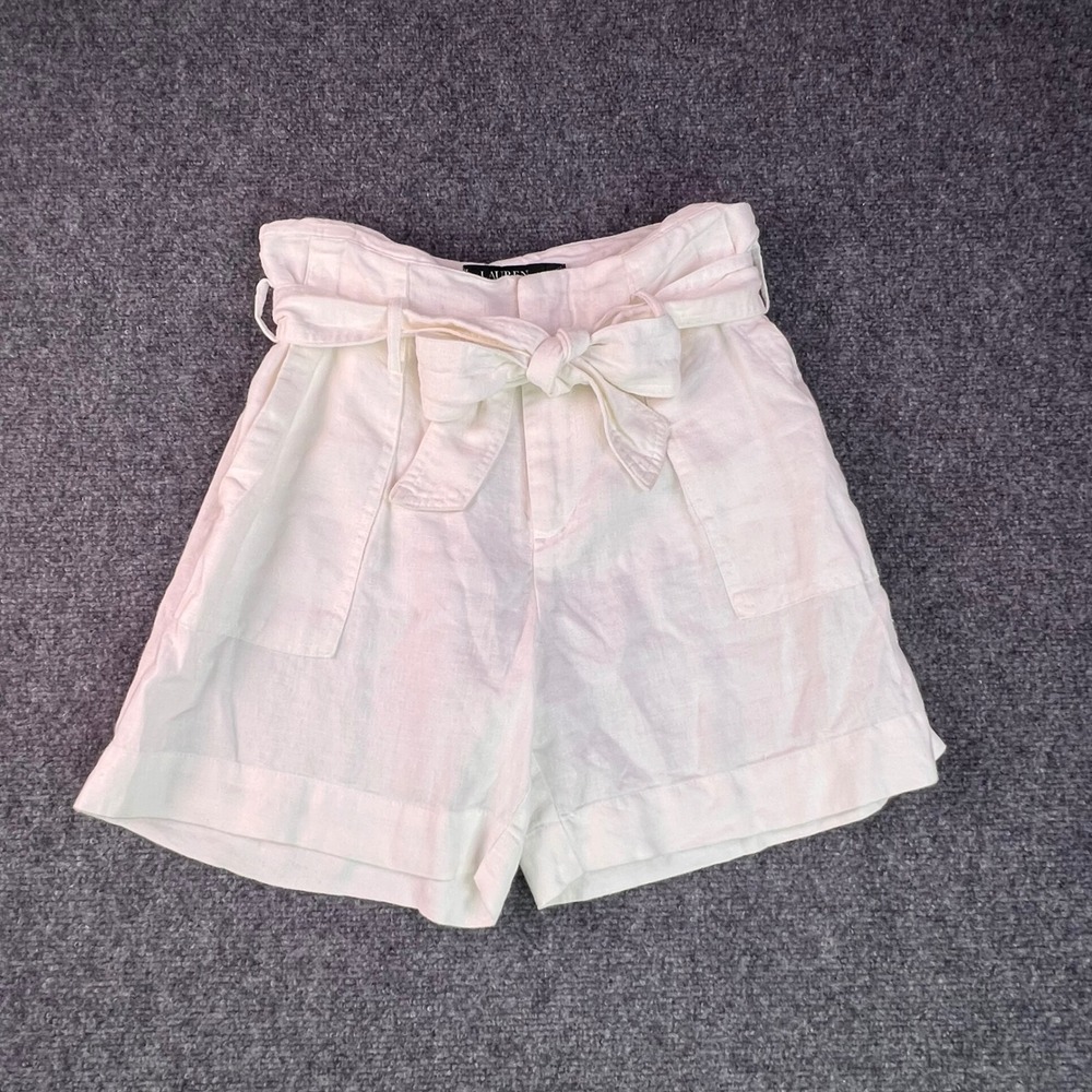 Lauren Ralph Lauren White 100% Linen Paperbag Waist Belted Shorts Women's 0